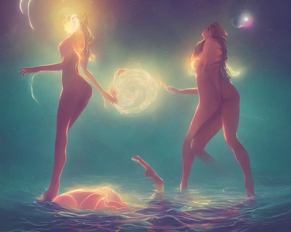 Prompt: beautiful seductive girl standing in a lake basking in the moonlight, using magic, under a multi-colored binary blackhole with an accretion disc, glowing trails following her arms, wearing professional makeup, acidwave, by Lois van Baarle, by Greg Rutkowski, by artgerm, by beeple, by studio ghibli, cinematic angle, volumetric lighting, 4k resolution, octane render, trending on artstation, masterpiece
