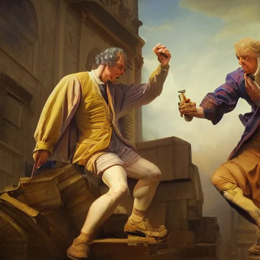 Image similar to isaac newton and leibniz fighting over calculus, detailed, centered, digital painting, artstation, concept art, donato giancola, joseph christian leyendecker, wlop, boris vallejo, breathtaking, 8 k resolution, extremely detailed, beautiful, establishing shot, artistic, hyperrealistic, octane render, cinematic lighting, dramatic lighting,