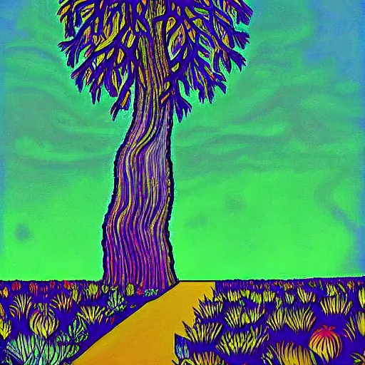 Prompt: charles burchfield art painting, digital art, psychedelic, offset chroma, RGB