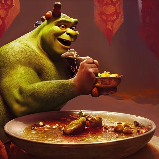 Prompt: shrek eating moroccan tagine, highly detailed, digital painting, artstation, concept art, smooth, sharp focus, illustration, art by artgerm and greg rutkowski and alphonse mucha