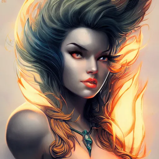 Prompt: uria, lady of searing flames, heroine, beautiful, young, minimalist, detailed close - up portrait in the style of ross tran, marte gracia, and peter mohrbacher, comic book lineart