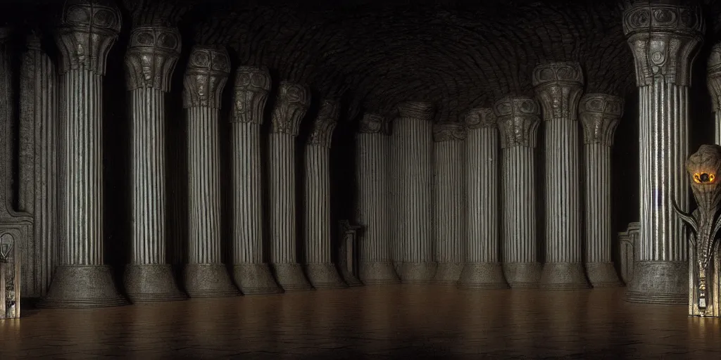 Image similar to balrog in the great hall of moria, columns along both sides of the great hall, style of h. r. giger, dark, cinematic