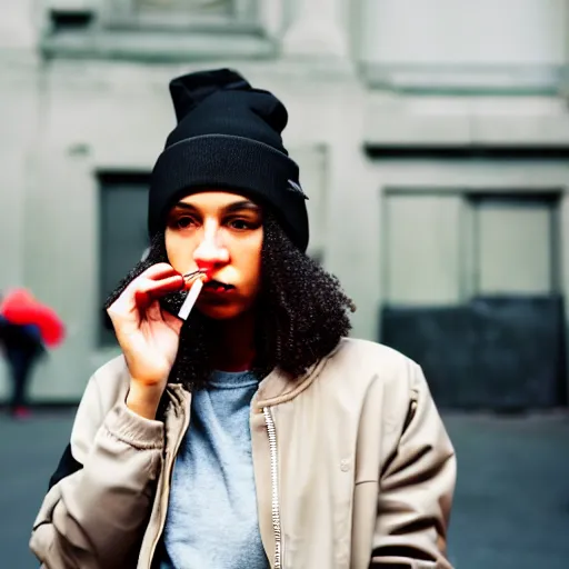 Prompt: portrait of a mixed woman smoking a cigarette, black beanie, black bomber jacket, urban environment, depth of field
