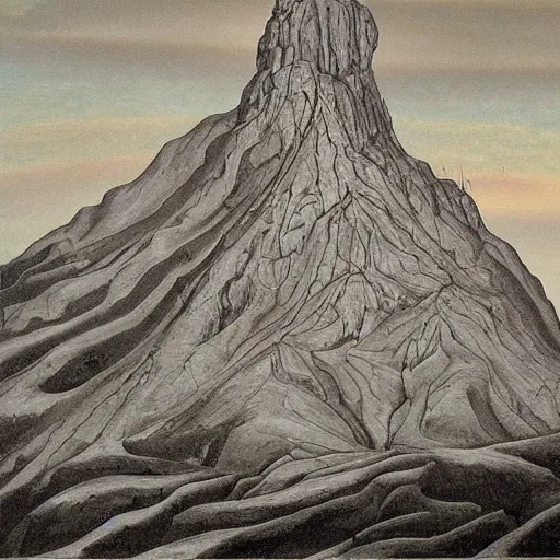 Image similar to oil painting of Fire Mountain by Szukalski