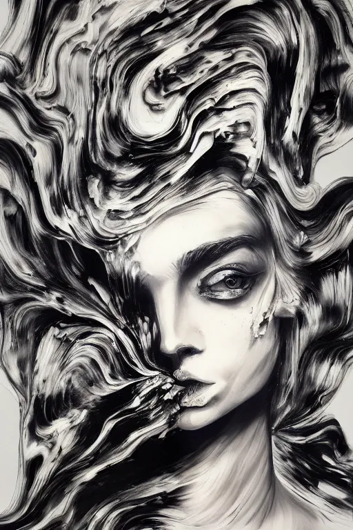 Image similar to distorted detailed painting of a woman made of ink cloud smoke, hyper detailed, trending on Artstation