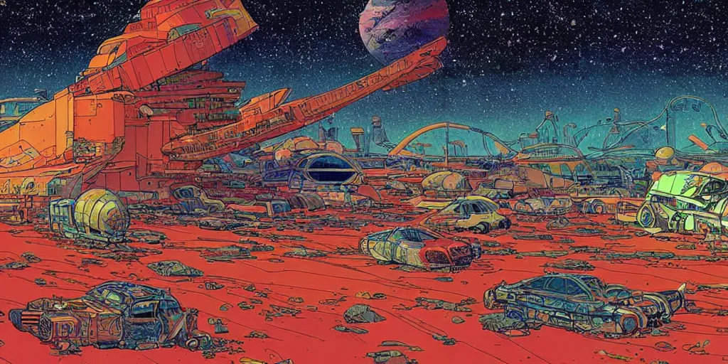 Prompt: colourful illustration of a space junkyard. futuristic high tech wrecked spaceship. thousands of stars in the background. art by moebius. science fiction art. detailed digital painting.