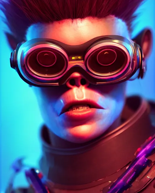 Prompt: a stunning portrait of a cyberpunk ape wearing vr glasses, vibrant, digital art by ross tran, highly detailed, trending on artstationhq, octane render