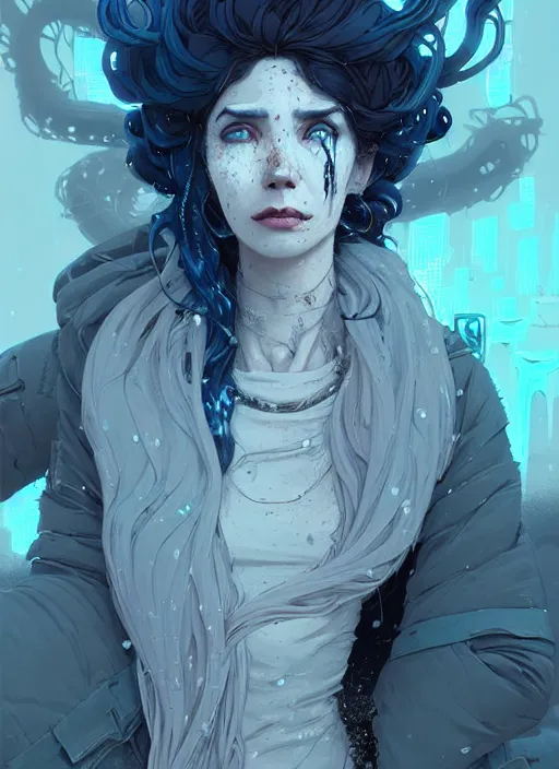 Image similar to highly detailed portrait of wasteland punk long curly white icey shard hair tribal lady, stray wiring by atey ghailan, james gilleard, by joe fenton, by greg rutkowski, by greg tocchini, by kaethe butcher, 4 k resolution, gradient blue, cyan, black and white color scheme!!! ( ( snowy glaciated robotic dystopian city background ) )