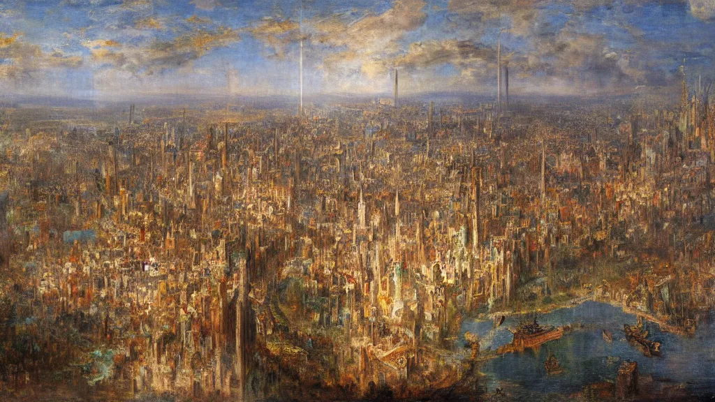 Prompt: a dream city in the style of gustave moreau, fernand keller, oil on canvas, musee d'orsay, 4 k resolution, detailed, enigmatic