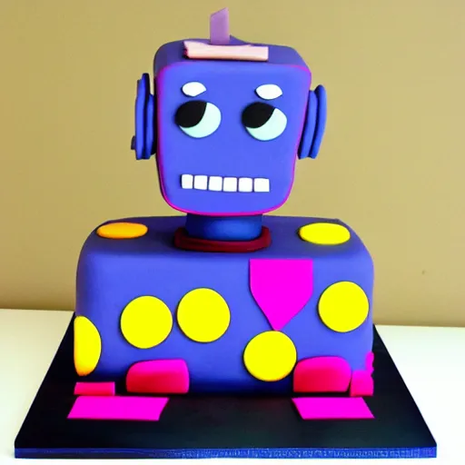 Prompt: studio photo of a happy robot cake fun square pink purple and silver