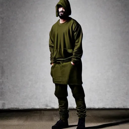 Image similar to a full body lookbook portrait of modern - day jesus wearing olive green yeezy menswear collection by nicola samori, hat and hoodie, detailed, oil painting, hyper realistic, 8 k, yeezy collection