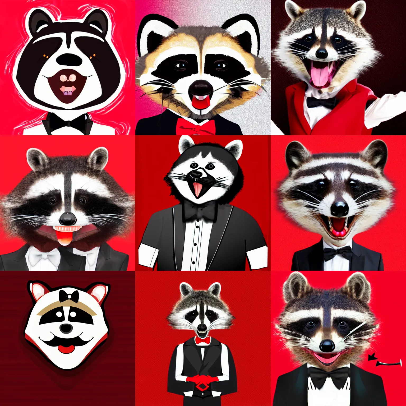 Prompt: A person with a raccoon head with their tongue sticking out, wearing a tuxedo, digital art, red background