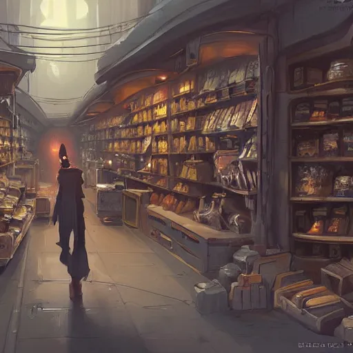 Image similar to concept art of a store that sells everything in the universe, by greg rutkowski