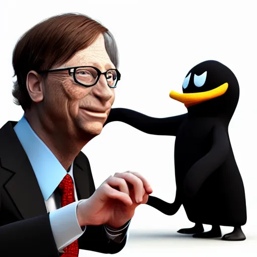 Image similar to Linux Tux strangling Bill Gates, 8k ultra HD, realistic 3D render, CGsociety, Artstation trending, CGI