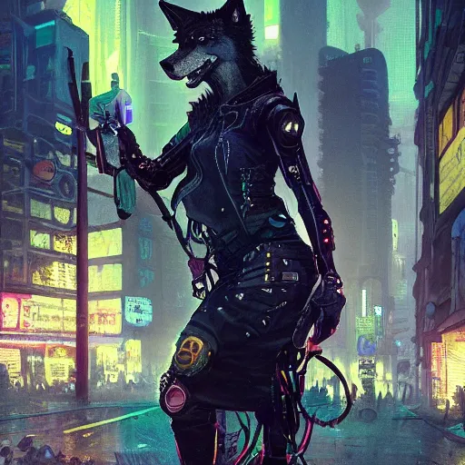 Prompt: female anthropomorphic wolf character wearing black cyberpunk skater clothes with neon highlights in a cyberpunk city at night. Renowned character illustration by greg rutkowski, thomas kindkade, alphonse mucha, loish, norman rockwell. Trending on artstation 4k. Highly detailed. Digital art.