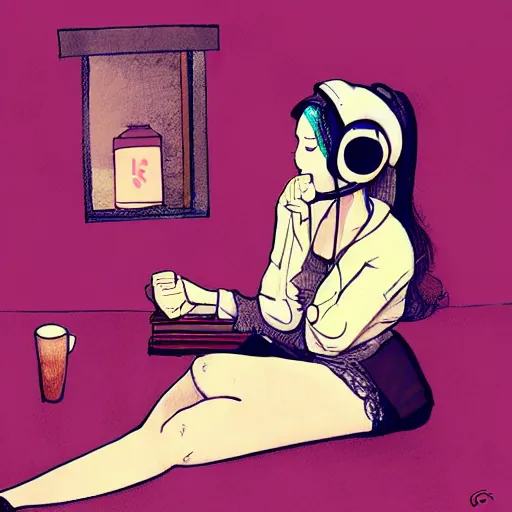 Image similar to lofi hiphop girl sitting in her room with headphones on by Logan cure