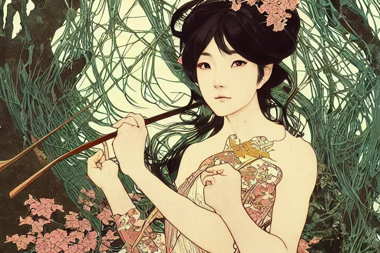 Image similar to beautiful cinematic fantasy poster, asian woman side view using a bokken in forest ; intricate complexity, by shigenori soejima, krenz cushart, alphonse mucha, takato yamamoto, conrad roset, 4 k, beautiful, high quality - h 9 6 0