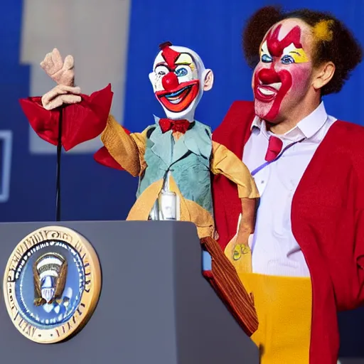 Image similar to president with clown makeup in a podium as the marionette of a human shadow
