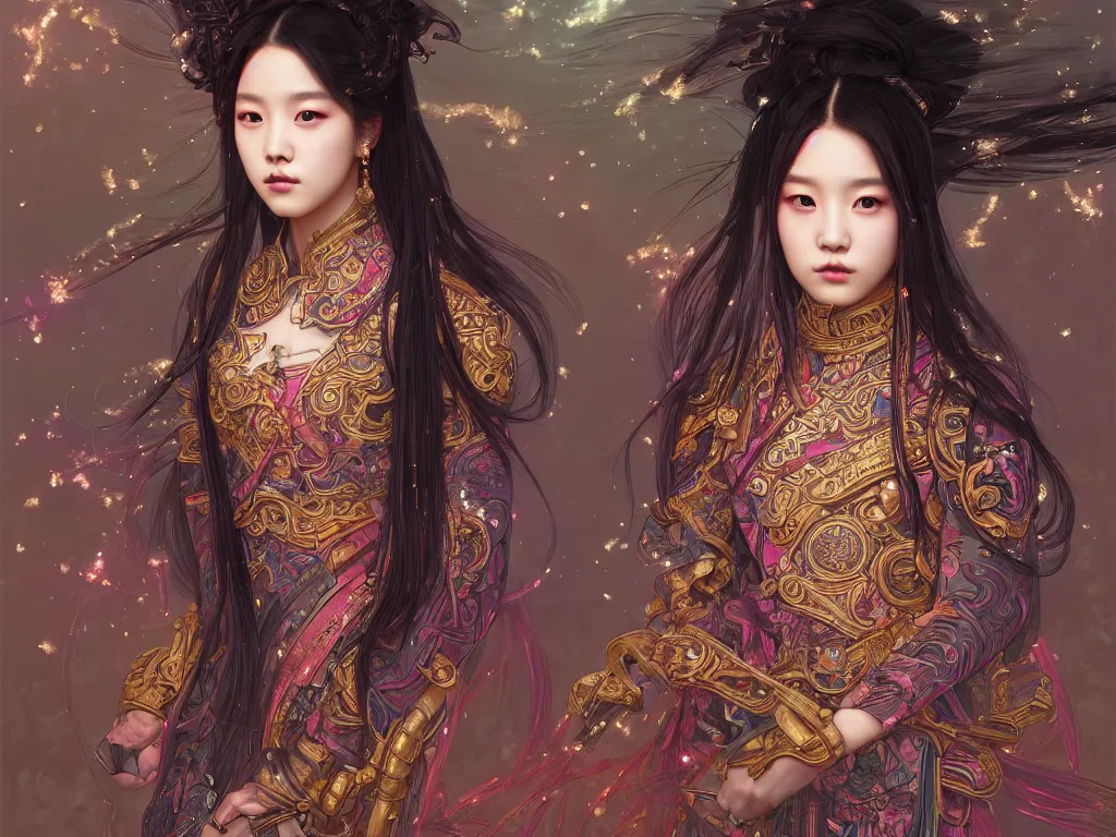 Image similar to portrait jisoo blackpink, wearings samurai colorpunk armor, in temple fire stormy sparkles night, ssci - fi and fantasy, intricate and very very beautiful and elegant, highly detailed, digital painting, artstation, concept art, smooth and sharp focus, illustration, art by tian zi and wlop and alphonse mucha