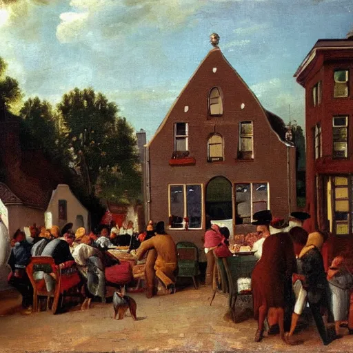 Prompt: a dutch oven the size of a building in the background. the foreground has people drinking in a beer garden, oil painting