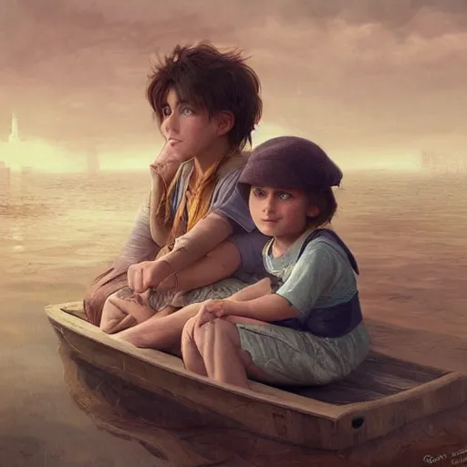 Prompt: 2 children sitting on a boat a boy and a girl a boy has brown hair messy while the girl has blonde straight hair digital painting, artstation, concept art, soft light, hdri, smooth, sharp focus, illustration, fantasy, intricate, elegant, highly detailed, D&D, matte painting, in the style of Greg Rutkowski and Alphonse Mucha and artemisia, 8k, highly detailed, jurgens, rutkowski, bouguereau, pastoral, rustic, georgic