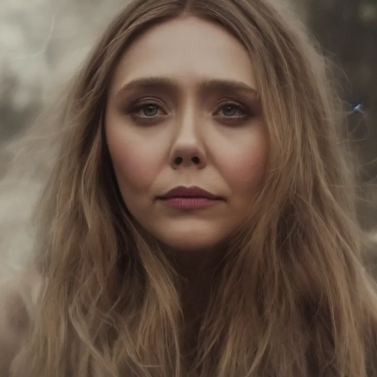 Prompt: A portrait of Elizabeth Olsen in the style of Arcane, 8k, photorealistic imagery, 35mm photography