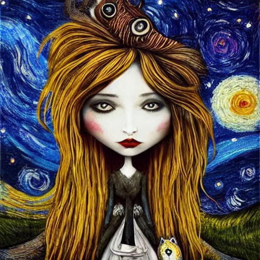 Image similar to decorative by alexander jansson, by keith mallett. a beautiful performance art of a woman with long flowing hair, wild animals, & a dark, starry night sky.