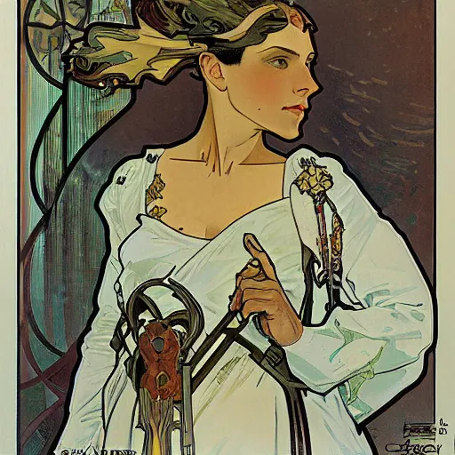 Image similar to portraits of cyborg soldiers, by Alphonse Mucha