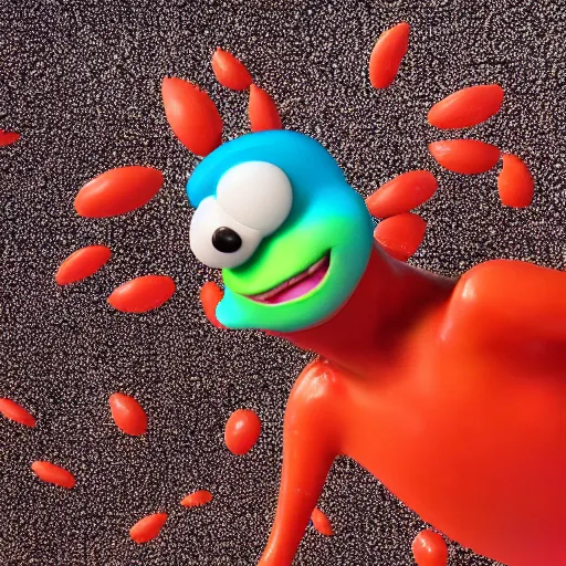 Prompt: single crazy melting plastic toy Pop Figure characterdesign product, C4d, by pixar, by dreamworks, screaming with drooling mouth open, in a Studio hollow, surrounded by flying particles