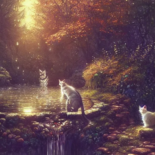 Prompt: two kittens in the enchanted forest watching the goldfish in the stream, fantasy, intricate, extremely detailed, matte, artstation, art by greg rutkowski, louis wain, alan lee