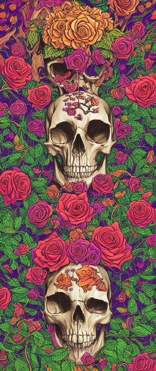 Prompt: ortographic view of a large skull and psychedelic roses with a forest background by Jen Bartel and Dan Mumford and Satoshi Kon, gouache illustration