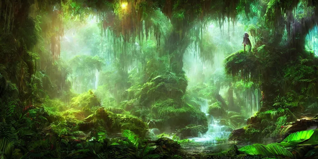 Image similar to beautiful fantasy rainforest, saturated, detailed lighting, high quality, sharp focus, intricate, digital painting, artstation, 4k