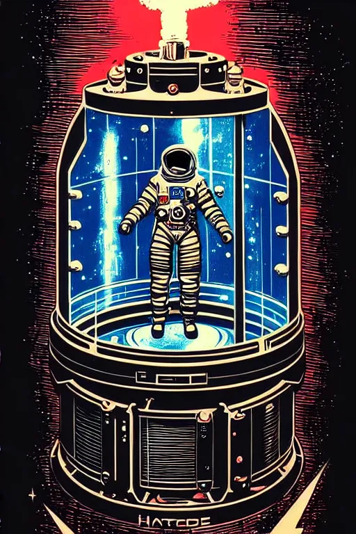 Image similar to steampunk cryo chamber containing an astronaut, high details, intricately detailed, by vincent di fate, inking, 3 color screen print, masterpiece, trending on artstation,, sharp, details, hyper - detailed, hd, 4 k, 8 k