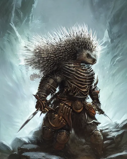 Image similar to Porcupine warrior in armor, portrait, woodlands, magic the gathering artwork, D&D, fantasy, cinematic lighting, centered, symmetrical, highly detailed, digital painting, artstation, concept art, smooth, sharp focus, illustration, volumetric lighting, epic Composition, 8k, art by Akihiko Yoshida and Greg Rutkowski and Craig Mullins, oil painting, cgsociety