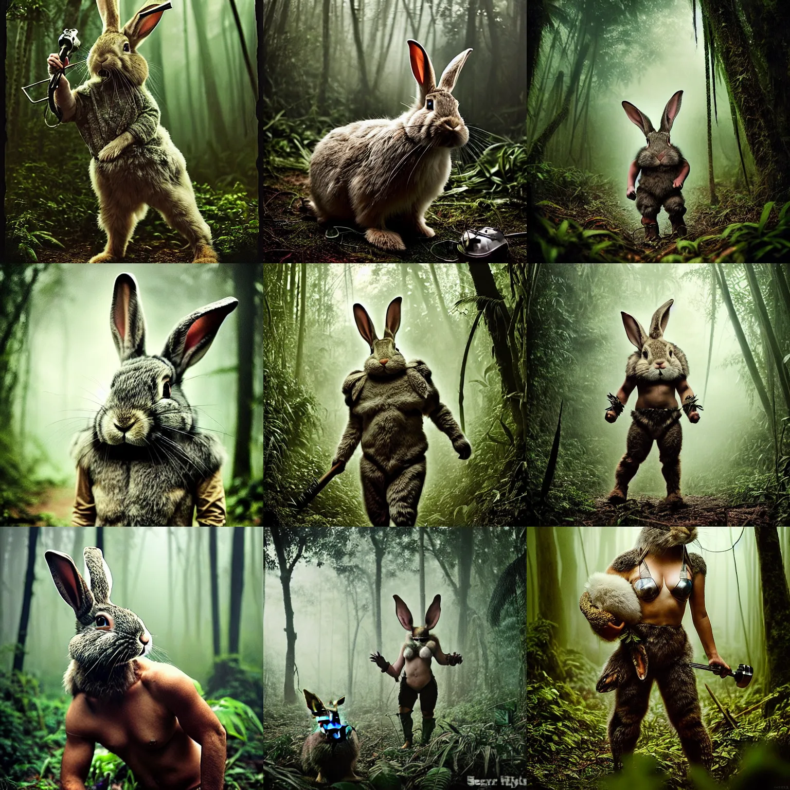 Prompt: full shot!!!!! rabbit armored sci - fi hulked oversized rabbit barbarian, fog, in deep jungle forest jungle, overcast!!! cinematic focus, polaroid photo, vintage, neutral colors, soft lights, overcast, foggy, full shot by steve hanks, by serov valentin, by lisa yuskavage, by andrei tarkovsky