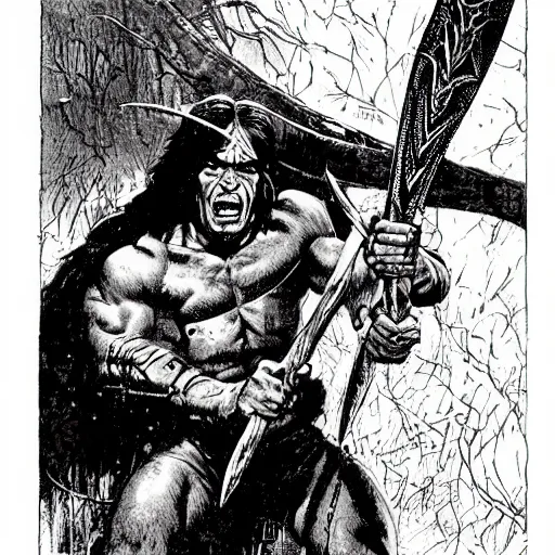 Image similar to “ conan the barbarian holds a battle axe up to a giant spider, with red eyes ” val semeiks, barry windsor smith, john buscema, ernie chan, earl norem.