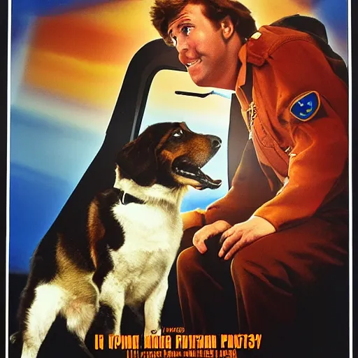 Image similar to a 8 0's movie poster about a guy and his dog. they are pilots it's called wing and a paw