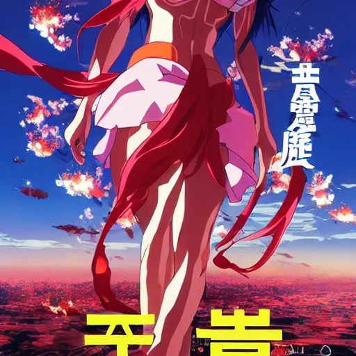 Image similar to incredibly powerful anime girl, created by hideaki anno + katsuhiro otomo, rumiko takahashi, movie poster style, box office hit, a masterpiece of storytelling, main character center focus, monsters, mech creatures locked in combat, nuclear explosions paint sky, highly detailed 8 k