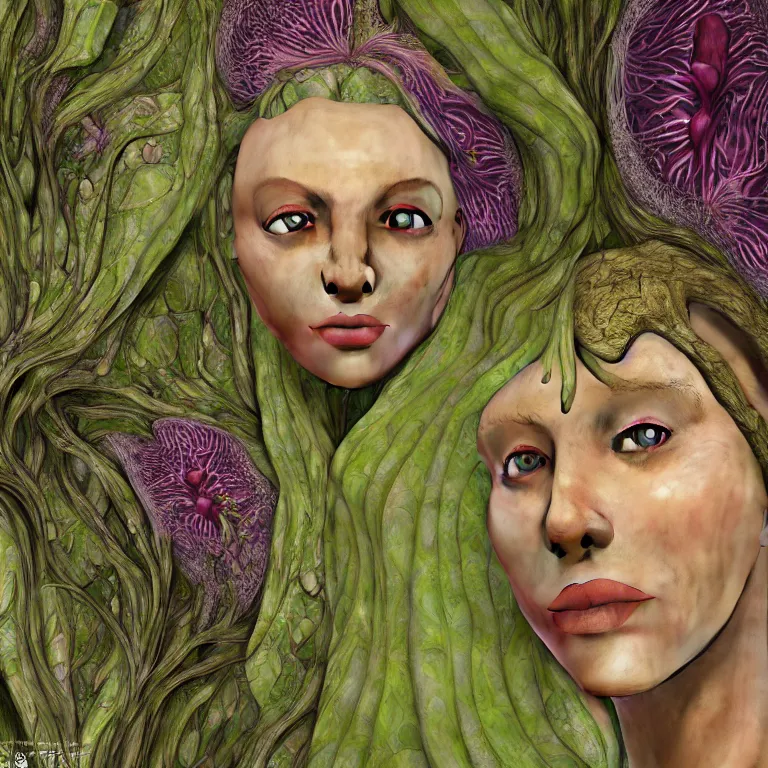 Image similar to a grinning shape shifting girl with reptile skin, plant patterns, her face looks like an orchid, she is the center of the garden, jan van eyck, ernst fuchs, egon schiele, trending on artstation, 8 k, award winning, facial symmetry, iris van herpen, unreal engine 4, high octane, ray tracing, psychedelic