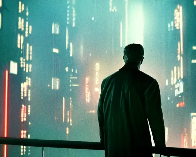 Image similar to 2 0 1 8 blade runner movie still man looking at the cityscape from roof, neon, back of body and head