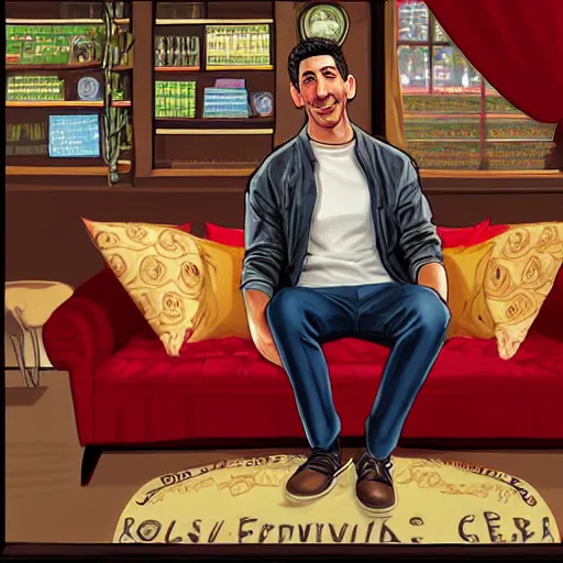 Prompt: digital artwork of ross geller sitting in central perk, in the style of artgerm, detailed face, expressive face,