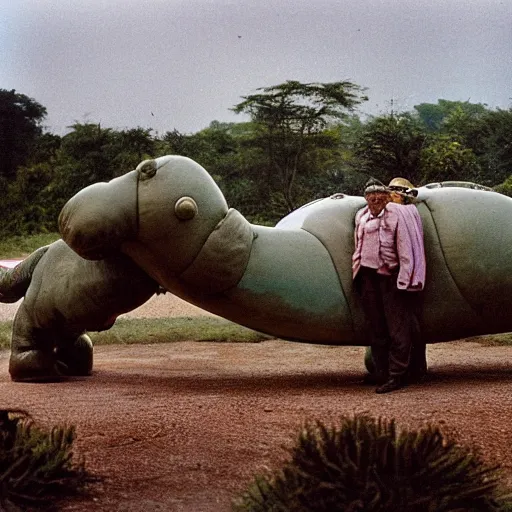 Image similar to a 3 5 mm photography, kodachrome colour, of grandpa with michelin man costume riding a hippo with strange creatures and alien plants inspired by bosch but in the real life, photos taken by martin parr