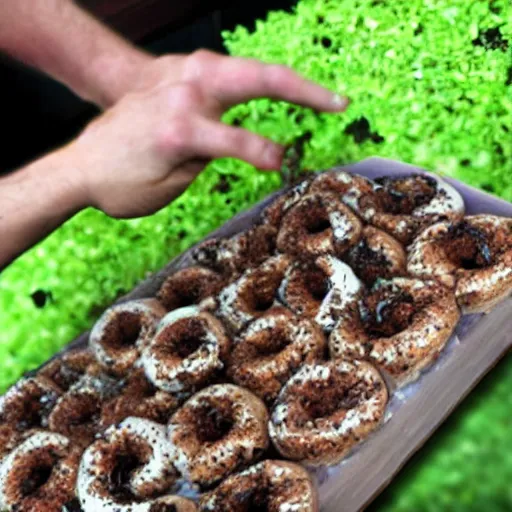 Image similar to an ant farm but instead of ants it ’ s bagels