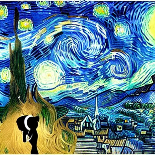 Image similar to girl with an umbrella girl with an umbrella. a walk inside a van gogh painting is a starry night. inside the painting. see everything from the inside. clearly detailed. dramatic.