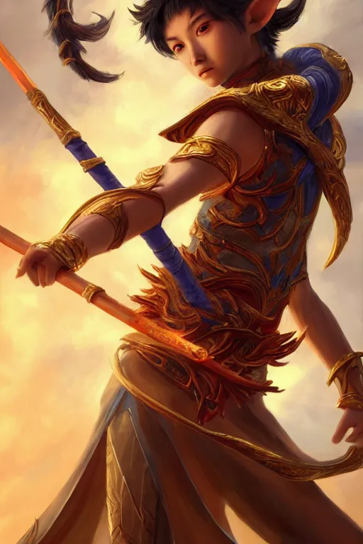 Image similar to a masterpiece portrait of nezha, young elf prince holding spear, flame everywhere, epic pose, fantasy character portrait, closeup shot, hyper detailed, digital painting, 8 k realistic, trending on artstation, sharp focus, dof, by fenghua zhong, artgerm, ne zha from smite, jeff easley, raymond swanland