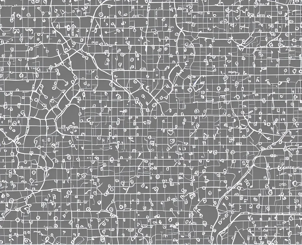 Prompt: Muted White on Grey Vector map of a little town with numerous tiny red bench icons marked, vector graphics, highly detailed