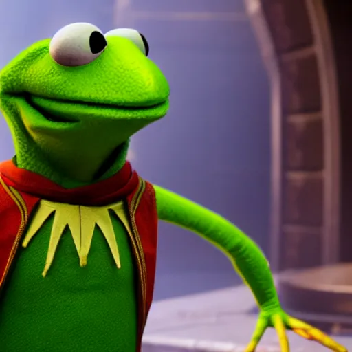 Prompt: a still of kermit the frog as doctor strange on avengers endgame, octane render, unreal engine 5, high quality, highly detailed, close up photo, 8 k