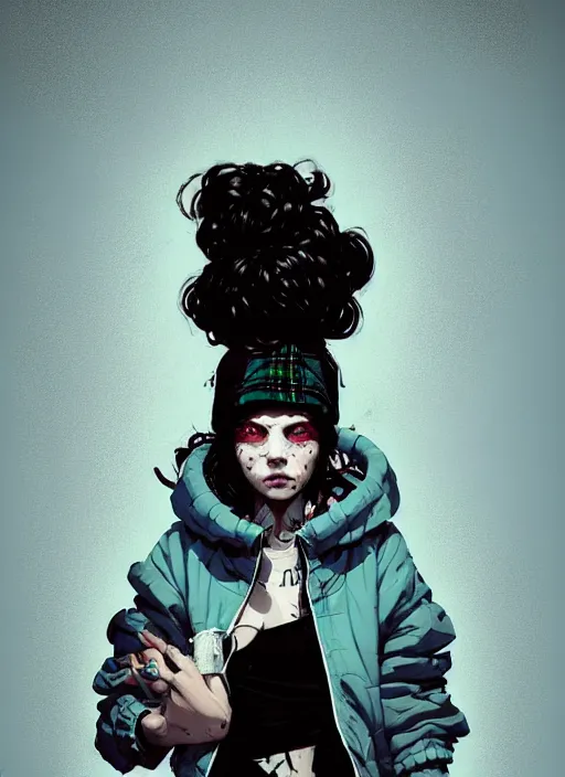 Image similar to highly detailed portrait of a sewer punk lady, tartan hoody, ringlet hair by atey ghailan, by greg rutkowski, by greg tocchini, by james gilleard, by joe fenton, by kaethe butcher, gradient light blue, black, cream and white color scheme, grunge aesthetic!!! ( ( graffiti tag wall background ) )