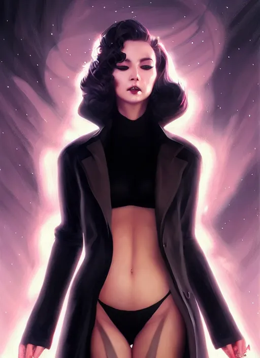 Prompt: lady in black coat and pantyhose in cosmic horror style, giant star, intricate, seductive confident pose, realistic, highly detailed, digital painting, art by wlop and artgerm and ross tran and greg rutkowski, charlie bowater