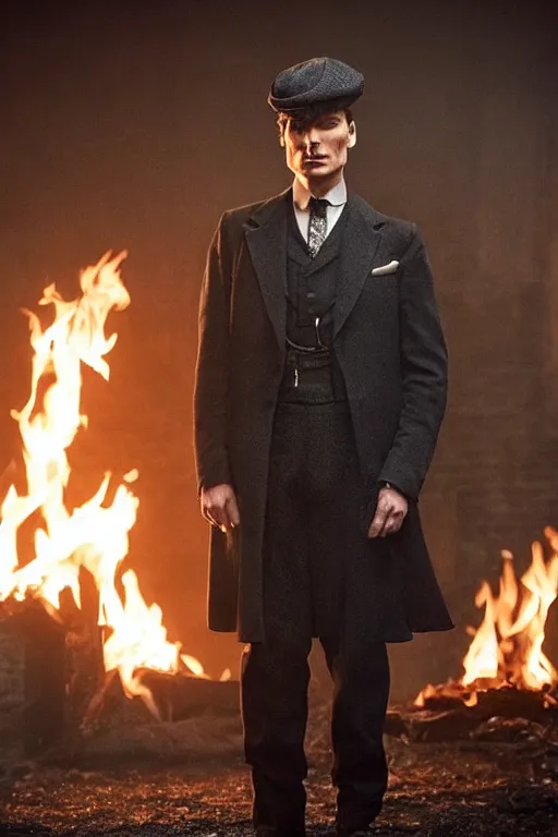 Prompt: Full-body portrait of Cillian Murphy in Peaky Blinders standing, fire in the background, dramatic, gloomy, dark, bleak, cheerless, desolate, impressive, tragic, cinematic, dull colours, dark colour scheme, atmospheric, high quality in the style of Muppet show